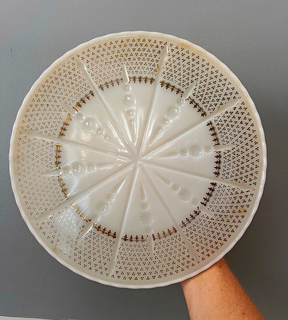 Vintage Anchor Hocking White Milk Glass Plate 22k Gold MCM Design